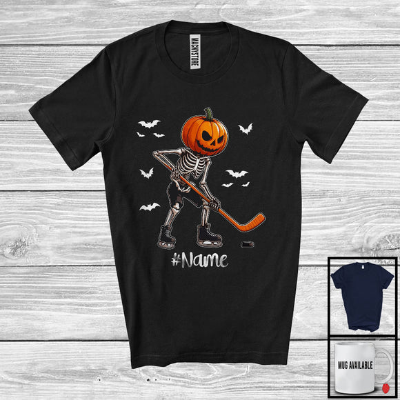 MacnyStore - Personalized Pumpkin Skeleton Playing Hockey, Horror Halloween Custom Name Hockey Player T-Shirt