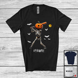 MacnyStore - Personalized Pumpkin Skeleton Playing Softball, Horror Halloween Custom Name Softball Player T-Shirt