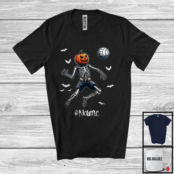 MacnyStore - Personalized Pumpkin Skeleton Playing Volleyball, Horror Halloween Custom Name Volleyball Player T-Shirt