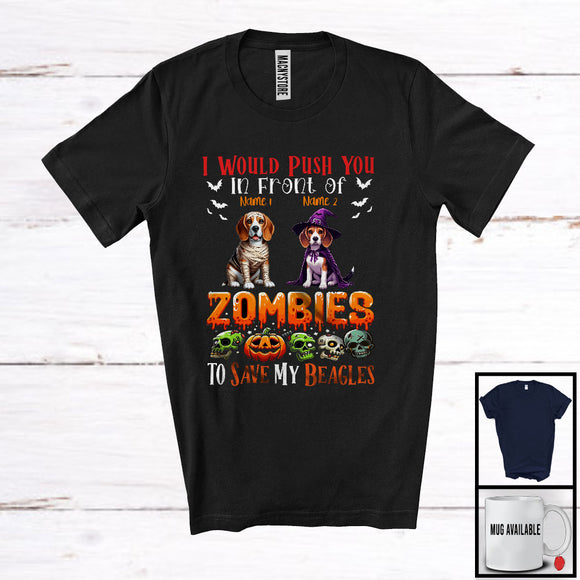 MacnyStore - Personalized Push You Front Of Zombies, Scary Halloween Custom Name Beagles Mummy Witch T-Shirt
