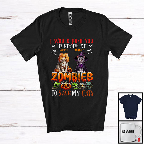 MacnyStore - Personalized Push You Front Of Zombies, Scary Halloween Custom Name Cats Mummy Witch T-Shirt