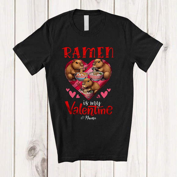 MacnyStore - Personalized Ramen is my Valentine; Lovely Capybara Eating Ramen Hearts; Custom Name Single T-Shirt