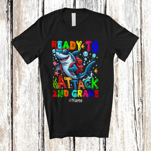 MacnyStore - Personalized Ready To Attack 2nd Grade; Joyful 100th Day Of School Custom Name Shark Glasses T-Shirt