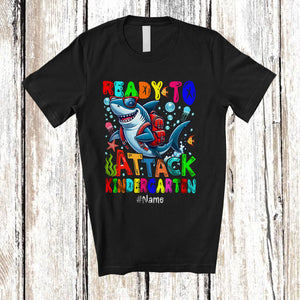 MacnyStore - Personalized Ready To Attack Kindergarten; Joyful 100th Day Of School Custom Name Shark Glasses T-Shirt