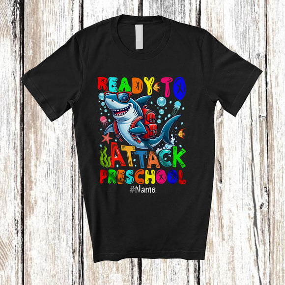 MacnyStore - Personalized Ready To Attack Preschool; Joyful 100th Day Of School Custom Name Shark Glasses T-Shirt