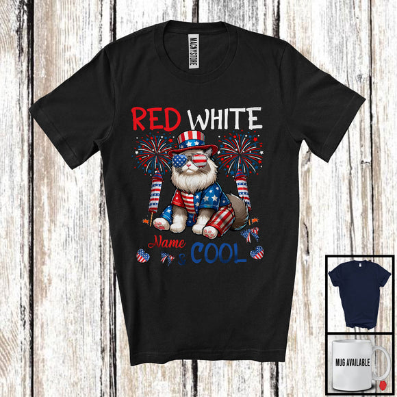 MacnyStore - Personalized Red White And Cool, Amazing 4th Of July Cat Custom Name, Fireworks Patriotic T-Shirt