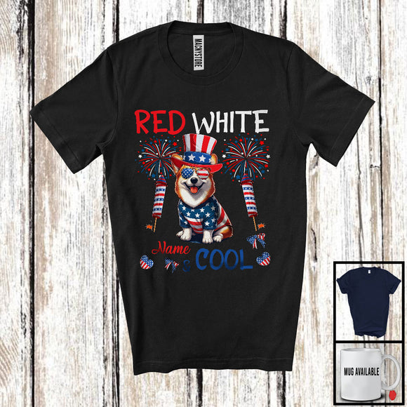 MacnyStore - Personalized Red White And Cool, Amazing 4th Of July Corgi Custom Name, Fireworks Patriotic T-Shirt