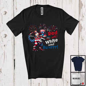 MacnyStore - Personalized Red White And Rawrrr, Lovely Custom Name 4th Of July Guinea Pig Riding T-Rex, Patriotic T-Shirt