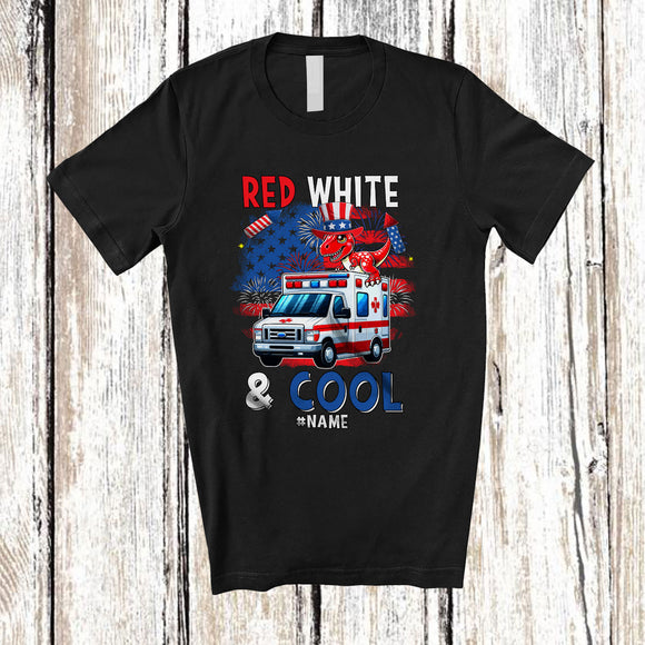 MacnyStore - Personalized Red White & Cool; Lovely 4th Of July Custom Name T-Rex On Ambulance; Patriotic T-Shirt