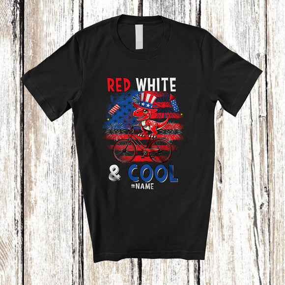 MacnyStore - Personalized Red White & Cool; Lovely 4th Of July Custom Name T-Rex On Bicycle; Patriotic T-Shirt