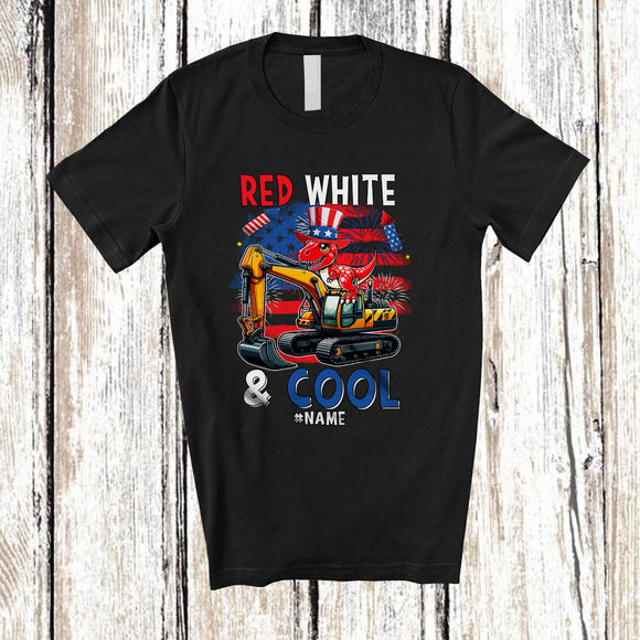 MacnyStore - Personalized Red White & Cool; Lovely 4th Of July Custom Name T-Rex On Excavator; Patriotic T-Shirt