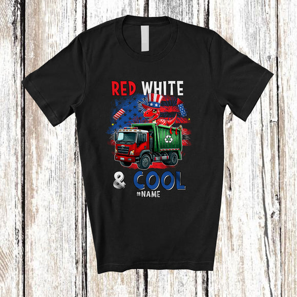 MacnyStore - Personalized Red White & Cool; Lovely 4th Of July Custom Name T-Rex On Garbage Truck; Patriotic T-Shirt