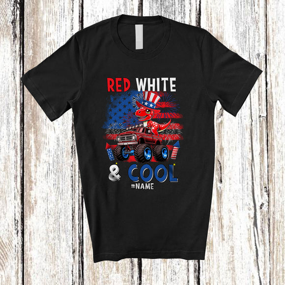 MacnyStore - Personalized Red White & Cool; Lovely 4th Of July Custom Name T-Rex On Monster Truck; Patriotic T-Shirt