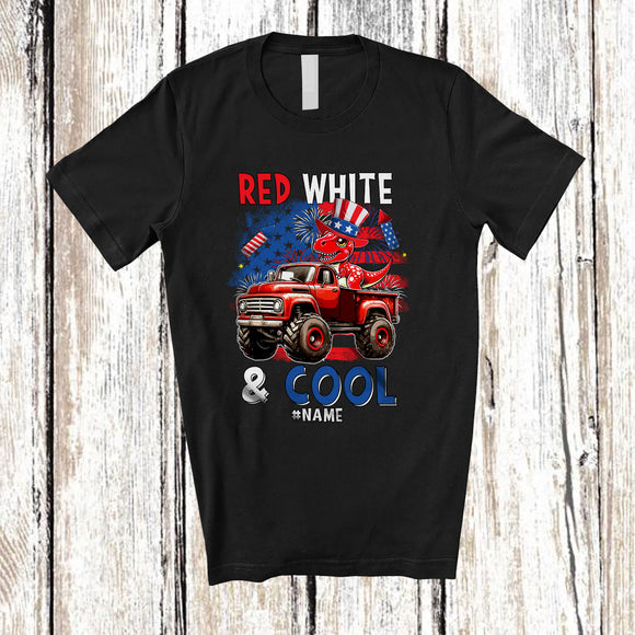 MacnyStore - Personalized Red White & Cool; Lovely 4th Of July Custom Name T-Rex On Pickup Truck; Patriotic T-Shirt