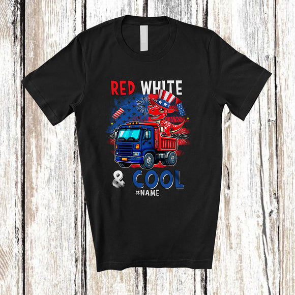 MacnyStore - Personalized Red White & Cool; Lovely 4th Of July Custom Name T-Rex On Truck; Patriotic T-Shirt