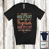 MacnyStore - Personalized Retired Hair Stylist Definition Way Happier, Lovely Retirement Flamingo Flowers T-Shirt