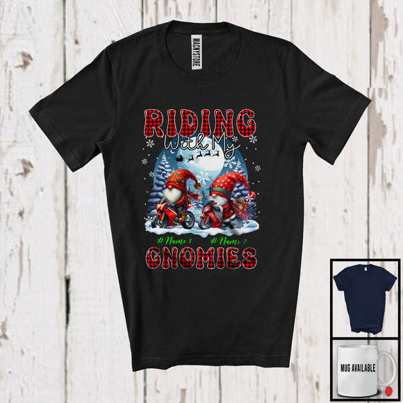 MacnyStore - Personalized Riding With My Gnomies; Lovely Christmas Plaid Motorbike; Custom Name Couple Gnomes T-Shirt