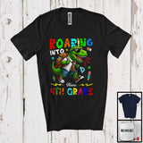 MacnyStore - Personalized Roaring Into 4th Grade, Amazing First Day Of School T-Rex Dinosaur, Custom Name T-Shirt