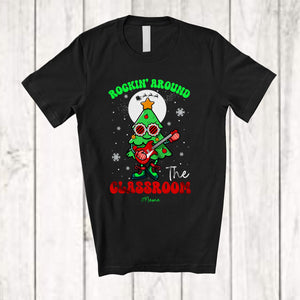 MacnyStore - Personalized Rockin' Around The Classroom; Amusing Christmas Tree Playing Guitar; Custom Name Teacher T-Shirt