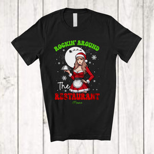 MacnyStore - Personalized Rockin' Around The Restaurant; Amusing Christmas Custom Name Waitress Santa T-Shirt