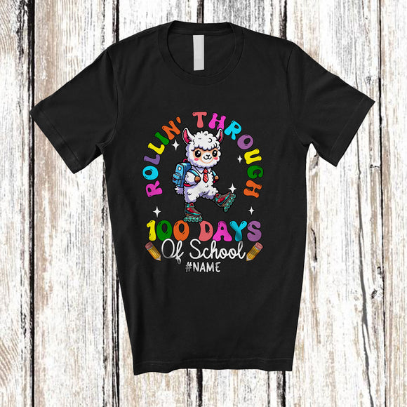 MacnyStore - Personalized Rollin' Through 100 Days Of School; Adorable Custom Name Llama; Students Teacher T-Shirt