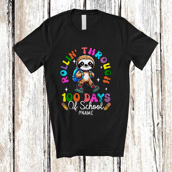 MacnyStore - Personalized Rollin' Through 100 Days Of School; Adorable Custom Name Sloth; Students Teacher T-Shirt