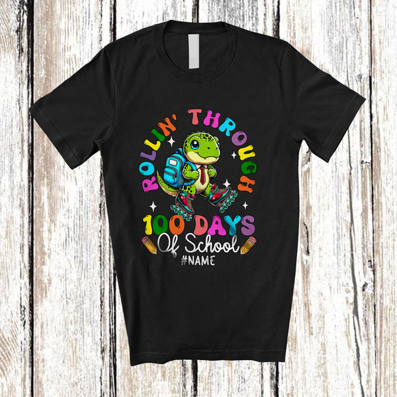 MacnyStore - Personalized Rollin' Through 100 Days Of School; Adorable Custom Name T-Rex; Students Teacher T-Shirt