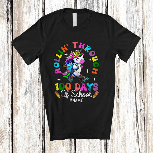 MacnyStore - Personalized Rollin' Through 100 Days Of School; Adorable Custom Name Unicorn; Students Teacher T-Shirt