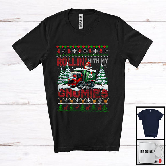 MacnyStore - Personalized Rollin' With My Gnomies; Fantastic Christmas Sweater Custom Name Gnome Garbage Truck T-Shirt