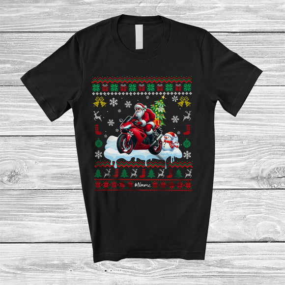 MacnyStore - Personalized Santa Christmas Tree On Motorbike; Joyful Sweater Snowman; Custom Name Rider T-Shirt