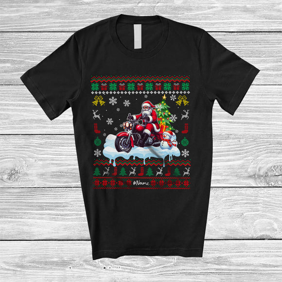 MacnyStore - Personalized Santa Christmas Tree On Motorcycle; Joyful Sweater Snowman; Custom Name Rider T-Shirt