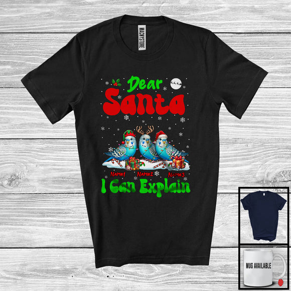 MacnyStore - Personalized Santa I Can Explain; Cheerful Christmas Lights Custom Name Three Budgerigars T-Shirt