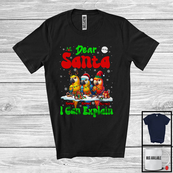 MacnyStore - Personalized Santa I Can Explain; Cheerful Christmas Lights Custom Name Three Parrots; Snowing T-Shirt