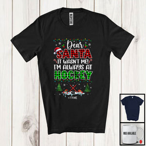 MacnyStore - Personalized Santa It Wasn't Me Hockey; Joyful Christmas Plaid; Custom Name Sport Player T-Shirt