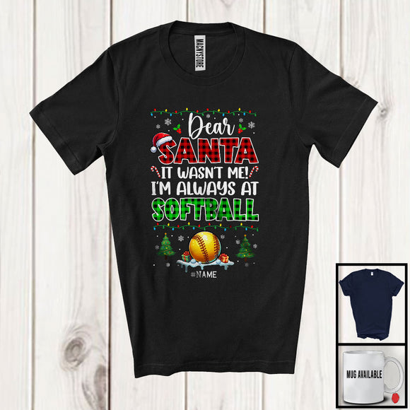 MacnyStore - Personalized Santa It Wasn't Me Softball; Joyful Christmas Plaid; Custom Name Sport Player T-Shirt