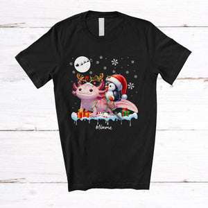 MacnyStore - Personalized Santa Penguin Riding Reindeer Axolotl; Awesome Christmas Custom Name Sea Animal T-Shirt