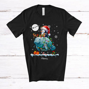 MacnyStore - Personalized Santa Penguin Riding Reindeer Manatee; Awesome Christmas Custom Name Sea Animal T-Shirt