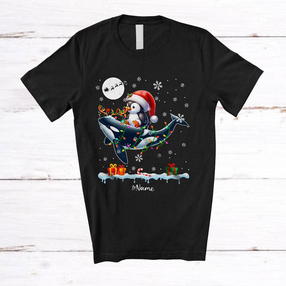 MacnyStore - Personalized Santa Penguin Riding Reindeer Orca; Awesome Christmas Custom Name Sea Animal T-Shirt