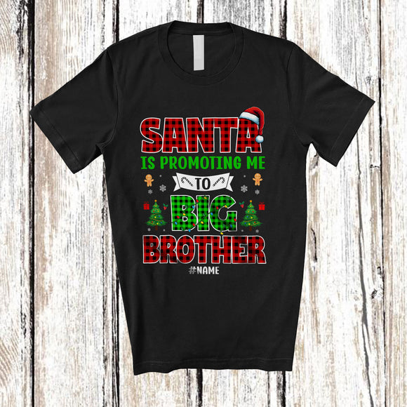 MacnyStore - Personalized Santa Promoting Me to Big Brother; Amusing Christmas Pregnancy; Plaid Custom Name Family T-Shirt