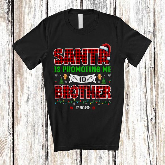 MacnyStore - Personalized Santa Promoting Me to Brother; Amusing Christmas Pregnancy; Plaid Custom Name Family T-Shirt