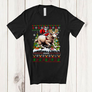 MacnyStore - Personalized Santa Riding Sheep; Amusing Christmas Sweater Sheep; Custom Name Farmer Farm T-Shirt