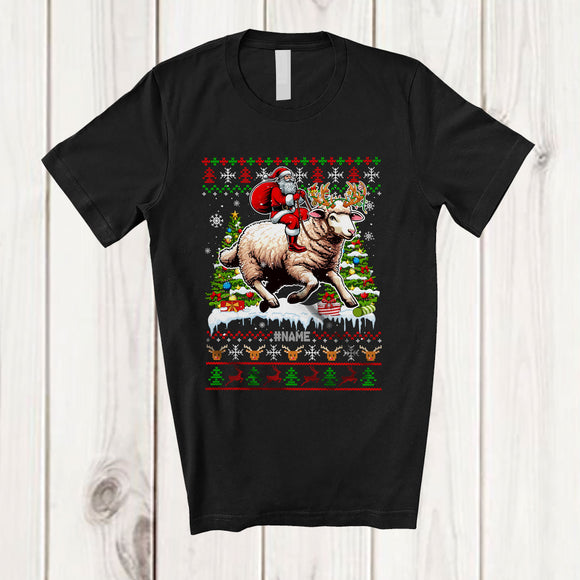 MacnyStore - Personalized Santa Riding Sheep; Amusing Christmas Sweater Sheep; Custom Name Farmer Farm T-Shirt