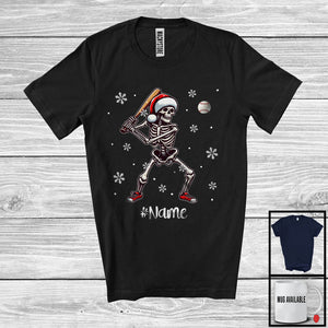 MacnyStore - Personalized Santa Skeleton Playing Baseball, Joyful Christmas Custom Name Baseball Player T-Shirt