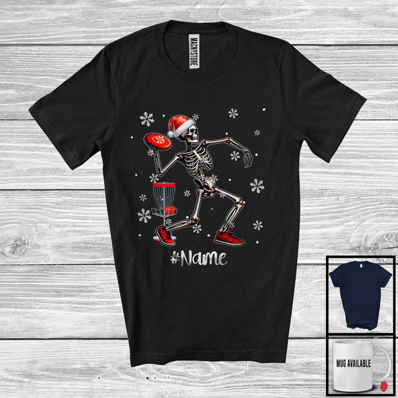 MacnyStore - Personalized Santa Skeleton Playing Disc Golf, Joyful Christmas Custom Name Disc Golf Player T-Shirt