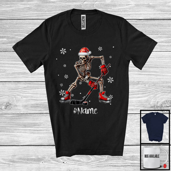 MacnyStore - Personalized Santa Skeleton Playing Hockey, Joyful Christmas Custom Name Hockey Player Team T-Shirt
