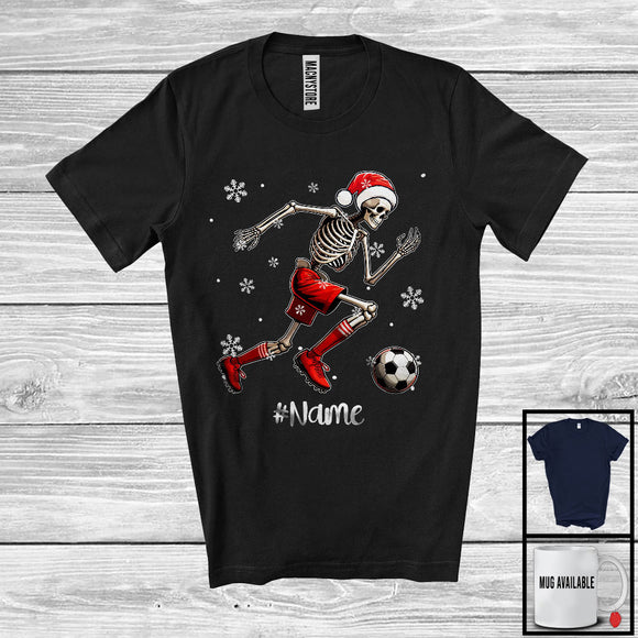 MacnyStore - Personalized Santa Skeleton Playing Soccer, Joyful Christmas Custom Name Soccer Player Team T-Shirt