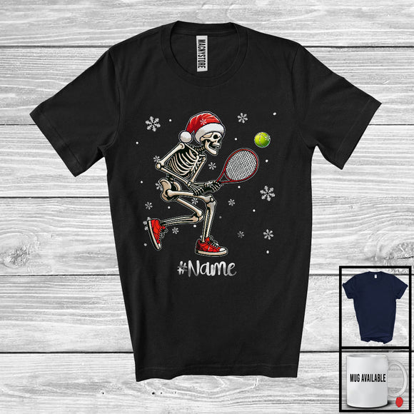 MacnyStore - Personalized Santa Skeleton Playing Tennis, Joyful Christmas Custom Name Tennis Player Team T-Shirt