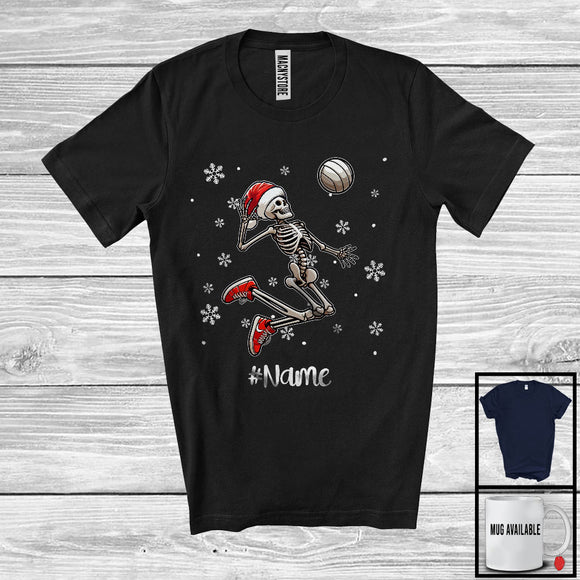 MacnyStore - Personalized Santa Skeleton Playing Volleyball, Joyful Christmas Custom Name Volleyball Player T-Shirt