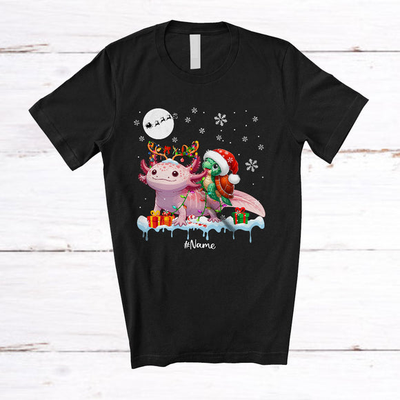 MacnyStore - Personalized Santa Turtle Riding Reindeer Axolotl; Awesome Christmas Custom Name Sea Animal T-Shirt