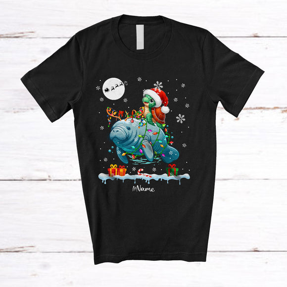 MacnyStore - Personalized Santa Turtle Riding Reindeer Manatee; Awesome Christmas Custom Name Sea Animal T-Shirt